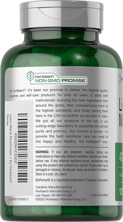 Horbäach Lions Mane Mushroom Extract | 4200mg | 120 Capsules | Vegetarian, Non-GMO, Gluten Free Supplement