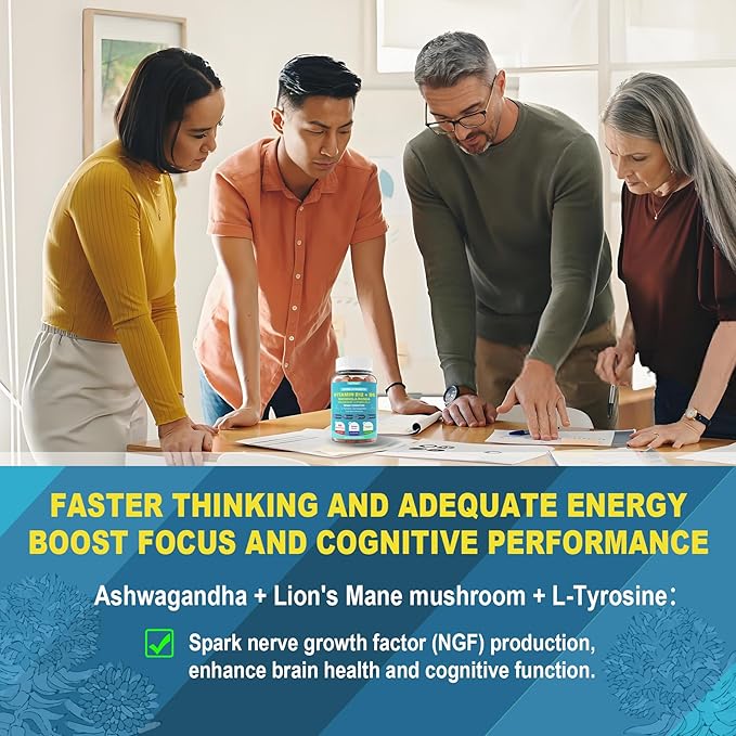Focus Memory & Energy Gummies, L-Tyrosine + Methyl B12 1000mcg, B6 50mg, D3 C, Lion's Mane Mushroom, for 15+ Students, Office Worker, Multivitamin, Herb Blend for Seniors Brain & Cognition, Sugar Free