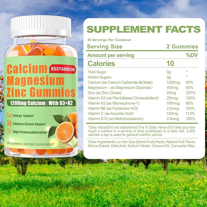 Calcium Magnesium Zinc Gummies for Adult: 1200mg Calcium Citrate 400mg Magnesium Glycinate with D3 B12 - Sugar Free High Absorption Supplement for Women Men (60 Count(Pack of 2))