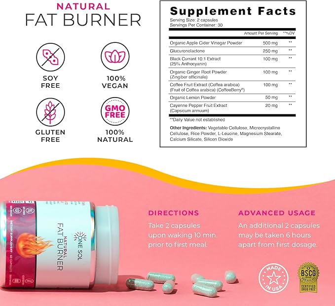 One Sol Fat Burner for Women, Natural Metabolism Booster, Burn More Calories, Boost Energy & Mood, Curb Appetite & Stop Cravings, No Crash or Jitters, All-Natural Ingredients, Gluten & Soy Free