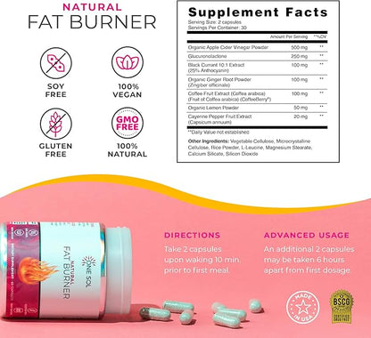 One Sol Fat Burner for Women, Natural Metabolism Booster, Burn More Calories, Boost Energy & Mood, Curb Appetite & Stop Cravings, No Crash or Jitters, All-Natural Ingredients, Gluten & Soy Free