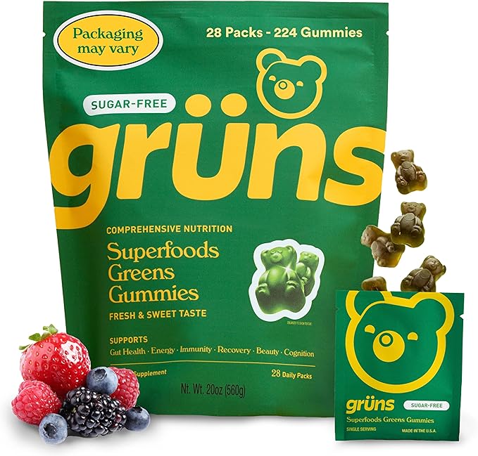 Sugar Free Super Greens Gummies: Organic Spirulina and Chlorella, Prebiotics for Digestive Health, 60+ Organic Ingredients, 20+ Vitamins and Minerals, Adaptogens, 28 Day Supply (224 Count)