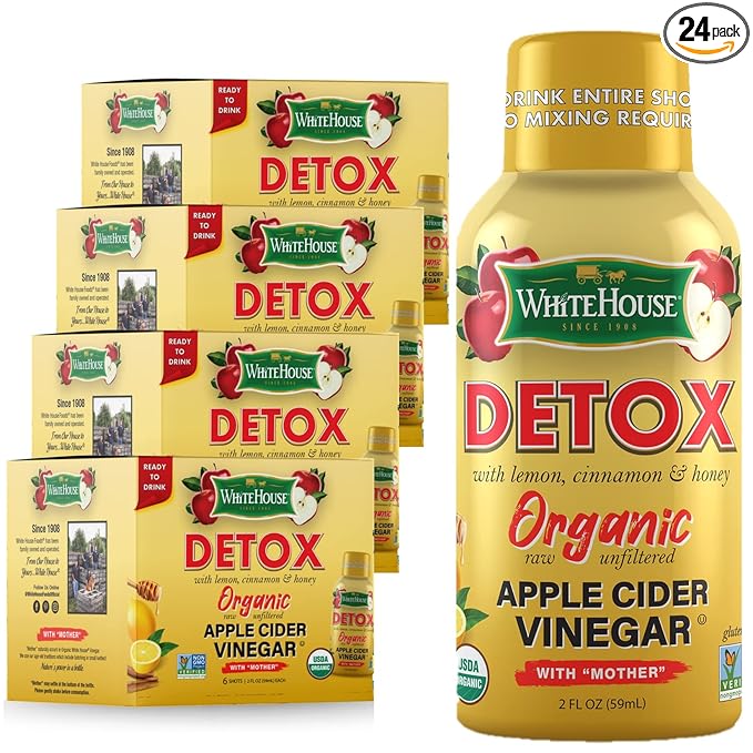 White House Detox Apple Cider Vinegar Shots, Raw Unfiltered, On the Go (Detox, Pack of 24)