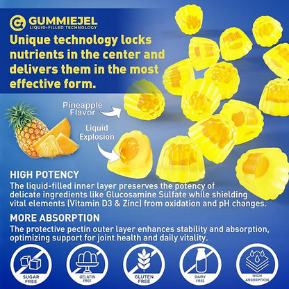 Sugar Free Glucosamine Chondroitin MSM Filled Gummies 3100mg - Joint Support Supplement - Plus Turmeric, Boswellia, Hyaluronic Acid & Vitamin D3, Mobility, Comfort, Flexibility & Bone Support, 60Cts