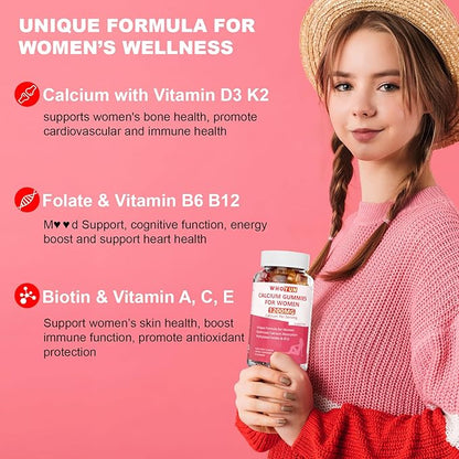Calcium Gummies for Women 1200 mg, Unique Formula with Folate, B6, B12, D3, Magnesium, Zinc, Calcium Citrate Chewable Supplement for Bone, Skin Health, 60 Count