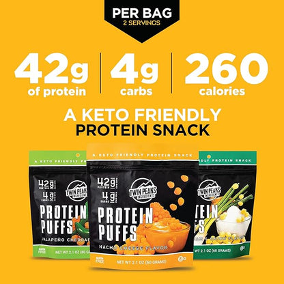 Twin Peaks Low Carb, Keto Friendly Protein Puffs, (Combo Pack, 2.1 Ounce), 2 Servings, 3 Pack (60g, 42g Protein, 4g Carbs)