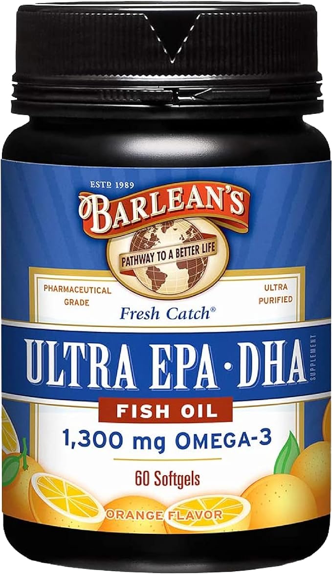 Barlean's Fish Oil Omega 3 Supplement, High Potency Ultra EPA DHA Fatty Acid Softgels for Joint, Brain, & Heart Health, 1000mg Orange Flavored Fish Oil Pills, 60 Count