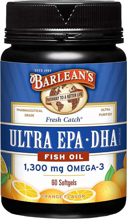 Barlean's Fish Oil Omega 3 Supplement, High Potency Ultra EPA DHA Fatty Acid Softgels for Joint, Brain, & Heart Health, 1000mg Orange Flavored Fish Oil Pills, 60 Count