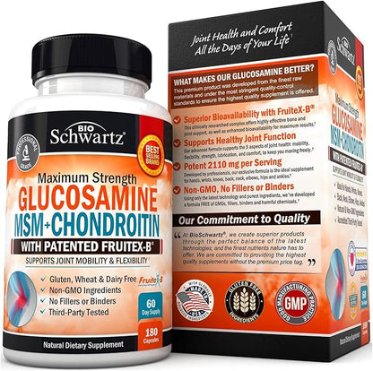 Glucosamine Chondroitin MSM Triple Strength Joint Support Supplement with Collagen Peptides, Turmeric and Ginger, Hyaluronic Acid, Glucosamine Chondroitin Sulfate - Gluten Free, Non GMO, 180 Capsules