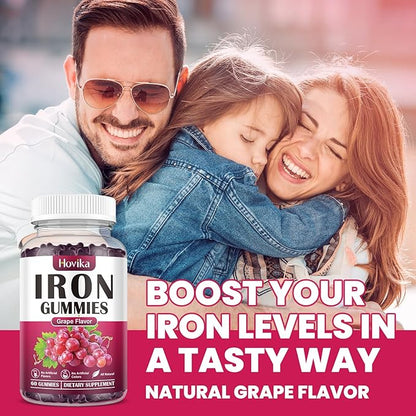 Iron Gummies Supplement for Women & Men, Iron Supplements for Anemia with Vitamin C, B12, Folate-Blood Builder & Energy Support for Iron Deficiency-Grape Flavor, Vegan, 60 Gummies