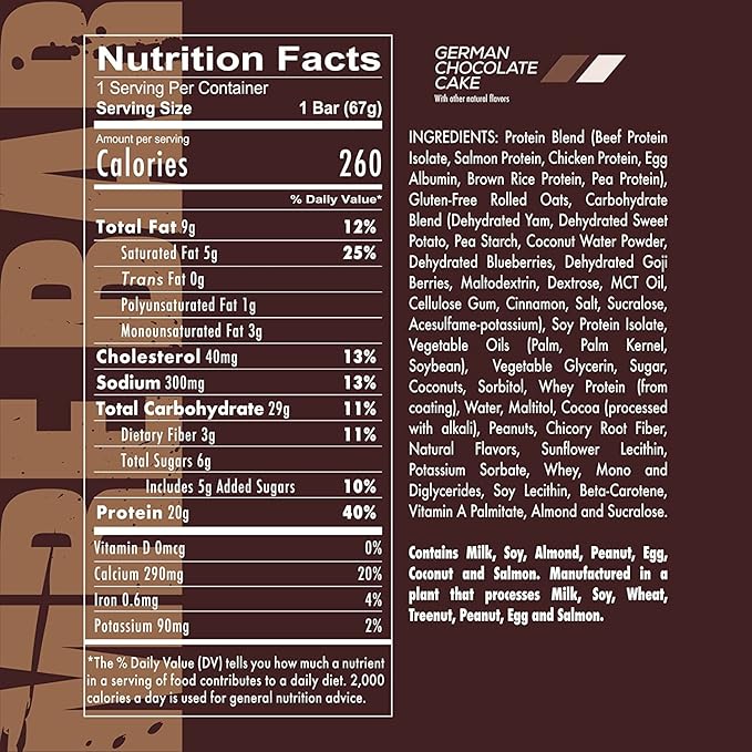 REDCON1 MRE Protein Bar, German Chocolate Cake - Contains MCT Oil + 20g of Whole Food Protein - Easily Digestible, Macro Balanced Low Sugar Meal Replacement Bar (12 Bars)