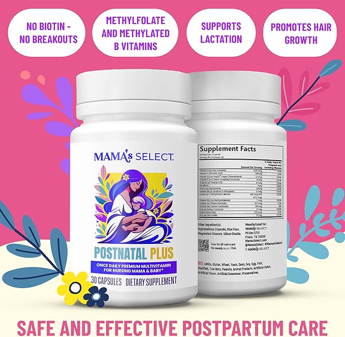 Mama's Select Postnatal Vitamins – Boosts Hair Recovery, Milk Supply, & Wellness – Allergen-Free, Vegan, MTHFR Friendly, Methylated Folate & B Vitamins, Easy-to-Swallow, No Biotin - 30 Capsules