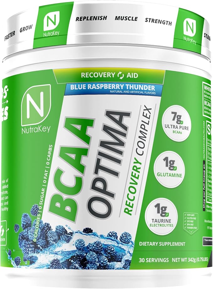 NutraKey BCAA Optima Post Workout Recovery Complex, No Sugar, No Carb, Recovery Aid, Blue Raspberry