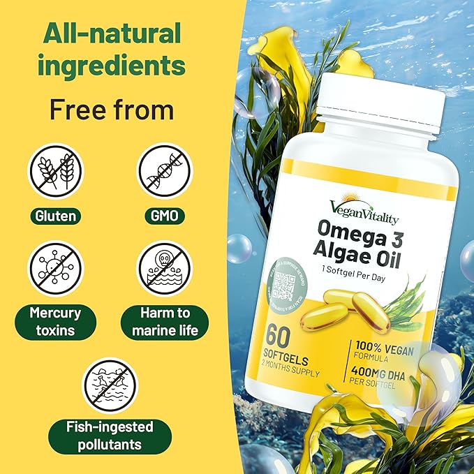 Vegan Vitality Vegan Omega 3 Supplement - 60 Plant Based Algae Oil Soft Gels Essential Fatty Acids with Vegan DHA for Joint, Heart & Immune Support Without EPA