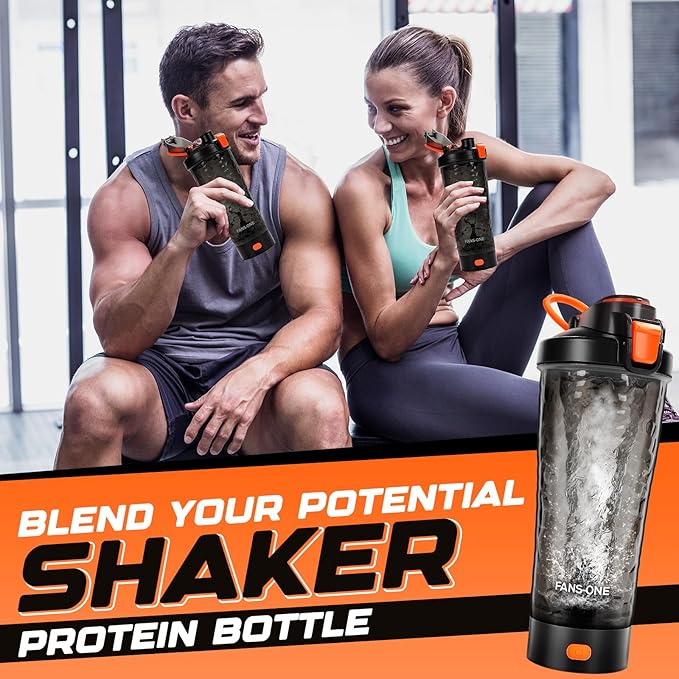 Electric Protein Shaker Bottle, Lockable Electric Blender Cup, 24oz Tritan USB Rechargeable Mixer, Portable Blender Shaker Cups for Protein Shakes for Men Women, Black and Orange