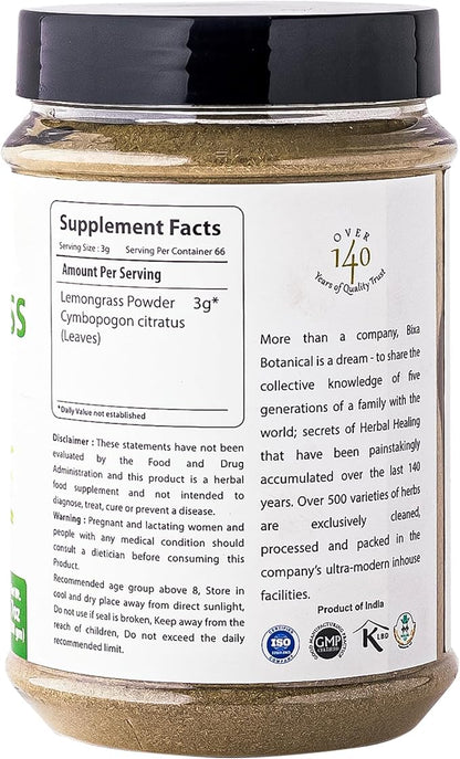 bixa BOTANICAL Lemongrass Powder (Cymbopogon citratus) 200gm (7 Oz) | Excellent Detox Cleanse | Superfood Ayurveda herb for Increase Urinary Output and Remove Toxic Waste