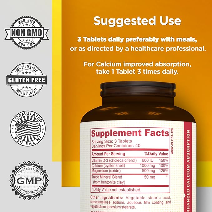 Bone Health Calcium 1000mg, Magnesium 500mg w Vitamin D 600IU. Potent Formula for Men & Women. Promotes Bone Density, Supports Joint Health, Restores Wellness. 120 Count