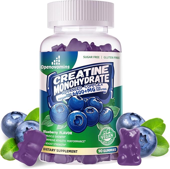 Creatine Monohydrate Gummies Complex 6400mg for Men & Women -Advanced Formula W/L-Taurine + Vitamin B12, Sugar Free Chewable Supplement,90 Blueberry Gummies