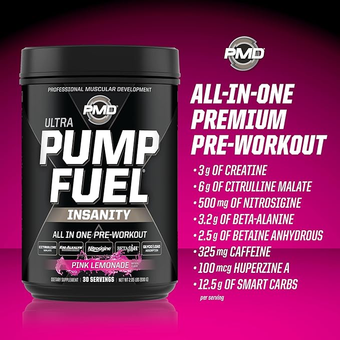 PMD Sports Ultra Pump Fuel Insanity - Pre Workout Drink Mix for Energy, Strength, Endurance, Recovery - Complex Carbohydrates and Amino Energy - Electric Pink Lemonade (30 Servings)