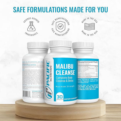 Full Body Detox - Malibu Cleanse Complete Body & Intestinal Cleanse with Senna Leaf, Cascara Sagrada Bark & Aloe Vera - Natural Detox for Men’s & Women’s Health, 30 Capsules