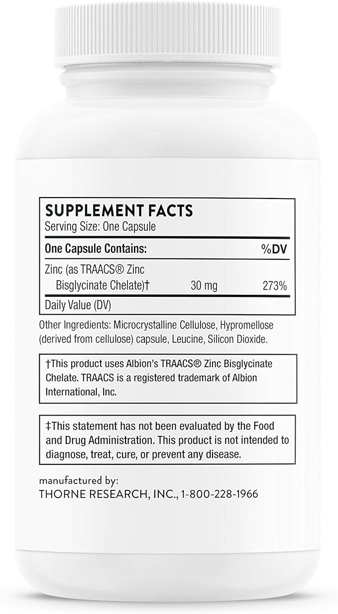 Thorne Zinc Bisglycinate 30mg - Daily Support for Skin, Eye & Immune System Health with Zinc Supplement Capsules - 60 Capsules