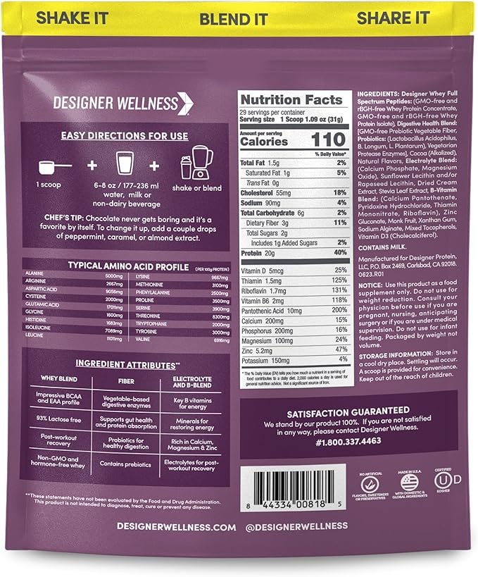 Designer Wellness, Designer Whey, Natural Whey Protein Powder with Probiotics, Fiber, and Key B-Vitamins for Energy, Gluten-Free & Kosher, Double Chocolate, 2 lb