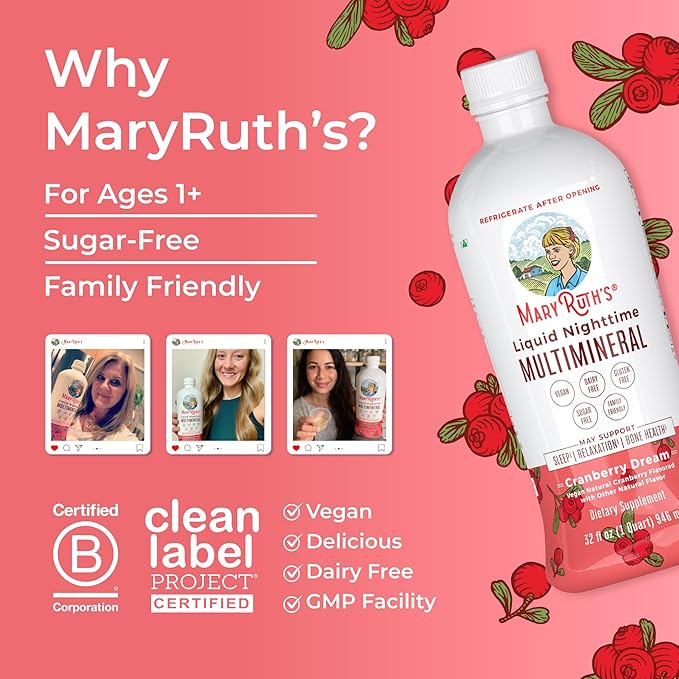 MaryRuth Organics Liquid Nighttime Multimineral Sleep Supplement | Sugar Free | Calm Magnesium Citrate | NO Melatonin | Calcium Magnesium Zinc | Available in 4 Flavors | Gluten Free | 32 Servings