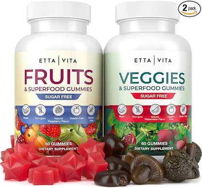 Everyday Debloat & Detox Sugar-Free Fruits and Veggies Gummies - Energy Support with Superfood Fruit and Vegetable Supplement (120 Chews) Cruelty-Free, Vegan, Gluten-Free, Fruit and Vegetable Vitamin