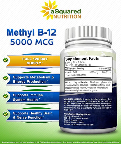 aSquared Nutrition Vitamin B12-5000 MCG Supplement with Methylcobalamin (Methyl B-12) - Max Strength Vitamin B 12 Support to Help Boost Natural Energy, Benefit Brain & Heart Function - 120 Tablets