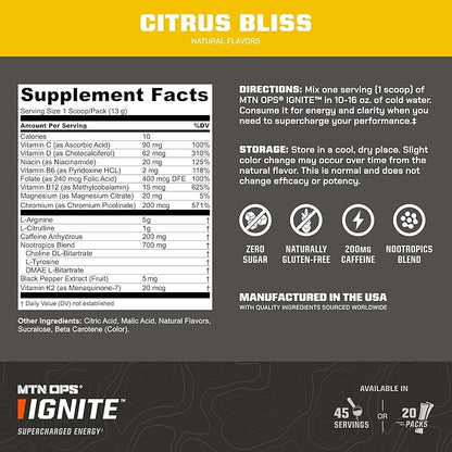 MTN OPS Ignite Supercharged Energy Drink Mix 45-Serving Tub, Citrus Bliss