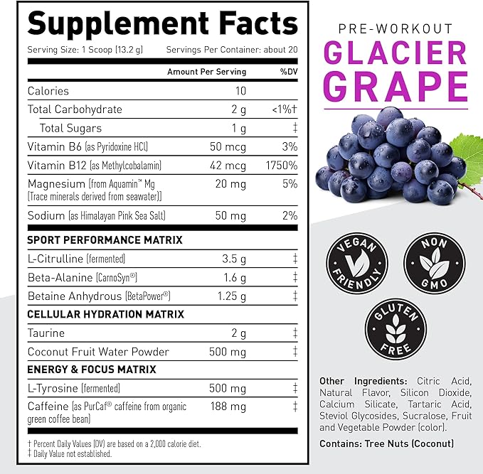 Kaged Pre-Kaged Sport Pre Workout Powder | Glacier Grape | Energy Supplement for Endurance | Cardio, Weightlifting Sports Drink | 20 Servings