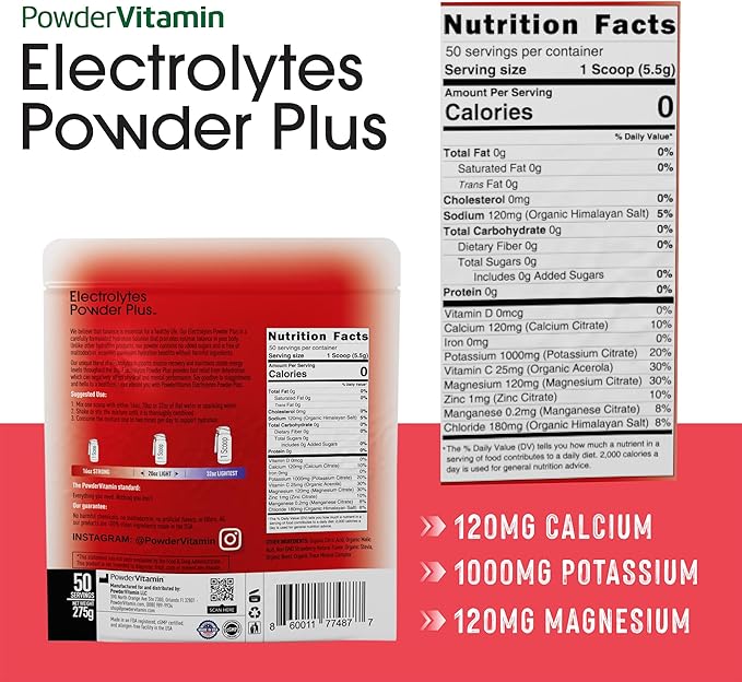 Electrolytes Powder Plus Keto, Strawberry (50 Servings) 0 Sugar, No Maltodextrin,1000mg Potassium,120mg Calcium,120mg Magnesium,Organic Vitamin C,Zero Calories, Energy Hydration Powder