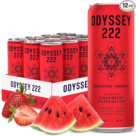 Odyssey Elixir - Odyssey 222 - Sparkling Energy Drink - 222 mg of Caffeine - Lion's Mane & Cordyceps - Energy & Focus - Endurance & Stamina - Nootropic - Pre Workout - Strawberry Watermelon