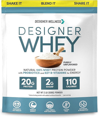 Designer Wellness, Designer Whey, Natural Whey Protein Powder with Probiotics, Fiber, and Key B-Vitamins for Energy, Gluten-Free, Purely Unflavored, 2 lb