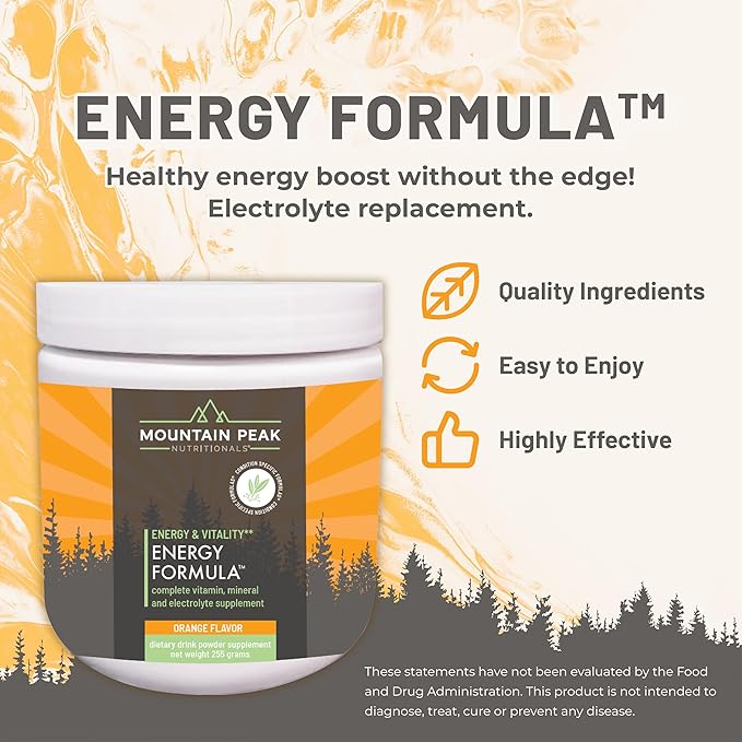 Mountain Peak Nutritionals Energy Formula - All in One Multi-Mineral Powder - Complete Nutrition, Vitamin, Mineral, and Electrolyte Supplement for Men & Women - Orange Flavor (255g, 30 Servings)