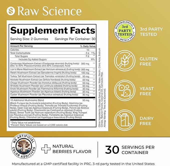 Mushrooms Complex Gummies with Lions Mane, Nootropic Brain Supplements for Memory and Focus: Lion's Mane, Cordyceps, Shiitake, Turkey Tail, Reishi, Chaga, Enoki, Oyster Mushroom Supplement - 60 Units