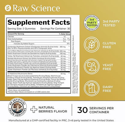 Mushrooms Complex Gummies with Lions Mane, Nootropic Brain Supplements for Memory and Focus: Lion's Mane, Cordyceps, Shiitake, Turkey Tail, Reishi, Chaga, Enoki, Oyster Mushroom Supplement - 60 Units