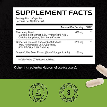 Green Tea Weight Loss Pills | Belly Fat Burner, Metabolism Booster, & Appetite Suppressant for Women & Men | 45% EGCG | With Green Coffee Bean Extract | Vegan, Gluten-Free Supplement | 120 Capsules