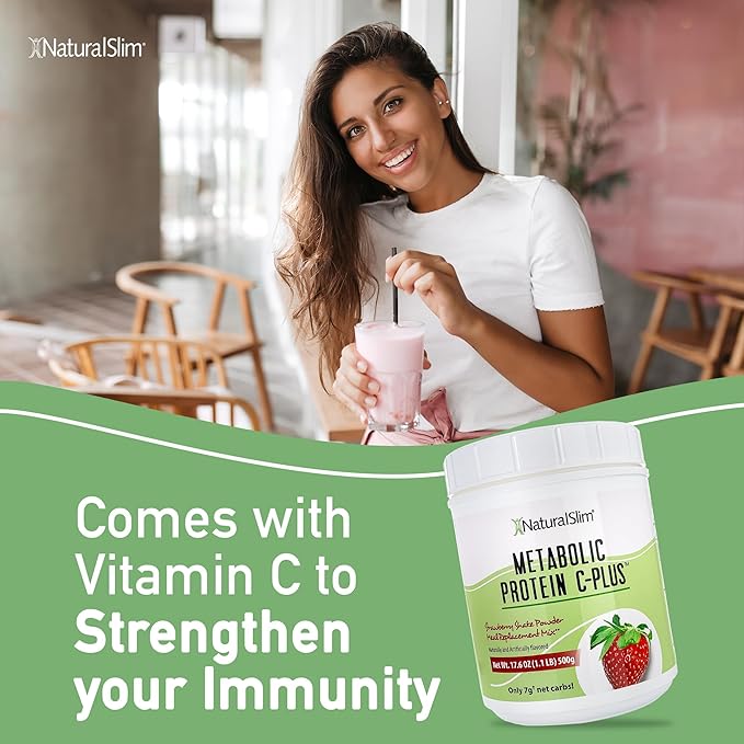 NaturalSlim Strawberry Metabolic C-Plus Meal Replacement Protein Powder - Low Carb Protein Shake with Immune Support Fortified with Vitamin C, Zinc & Amino Acid - 10 Servings 17.6 oz