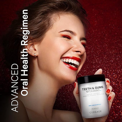 Codeage Teeth & Gums Vitamins + Oral Probiotics Supplement for Mouth - Whole Food Calcium, Collagen, Potassium, Vitamin C, D3, K2, Zinc – Oral Care & Dental Multivitamin Supplements - 90 Capsules