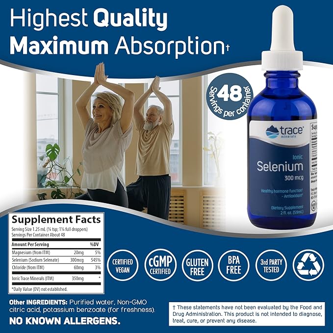 Trace Minerals | Liquid Ionic Selenium 300 mcg Dietary Supplement | Antioxidant, Supports Immunity, Thyroid Health | Vegan, Gluten Free, Non-GMO | 2 fl oz (2 pack), 96 servings