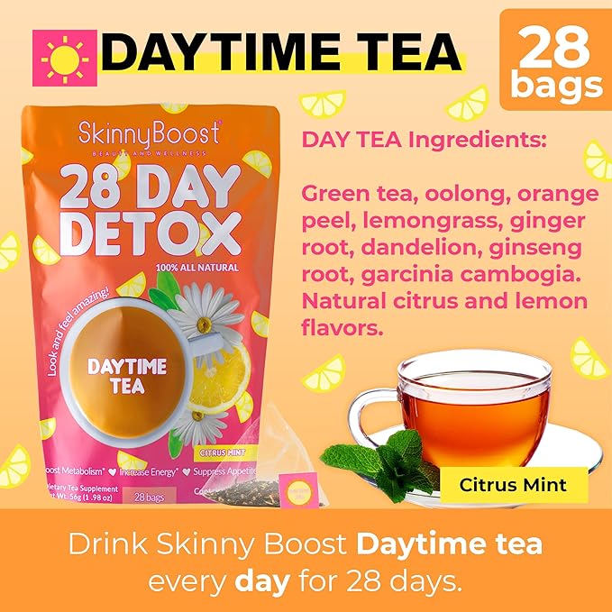 SkinnyBoost 28 Day Detox Tea Kit-1 Daytime (28 Bags) 1 Evening (14 Bags) Non GMO, Vegan, All Natural Teas, Made with Green Tea and Herbal Teas for Natural Detox and Cleanse, Reduce Bloating