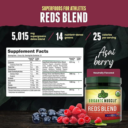 Organic Muscle Super Reds Powder - Organic Greens and Reds Superfood Powder with Organic Acai Berry, Pomegranate & Cranberry for Natural Energy & Metabolism Boost - Vegan & Non-GMO, 30 Servings