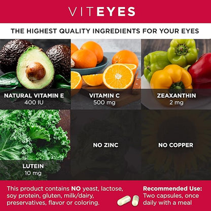 Viteyes AREDS 2 Zinc Free Macular Support, Natural Allergen Free Capsules with Vitamin E, Vitamin C, Lutein & Zeaxanthin, No Zinc, No Copper, Eye Doctor Trusted, Manufactured in The USA, 120 Ct