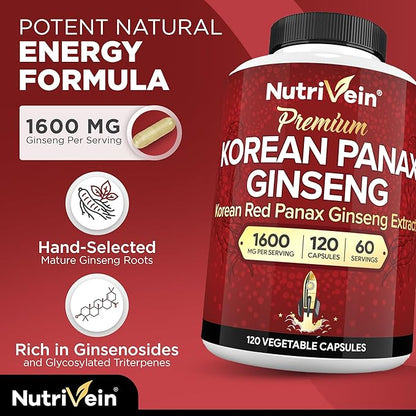Nutrivein Korean Red Panax Ginseng 1600mg - 120 Capsules - High Potency for Energy, Focus, Performance, Vitality & Immune Support - for Men and Women