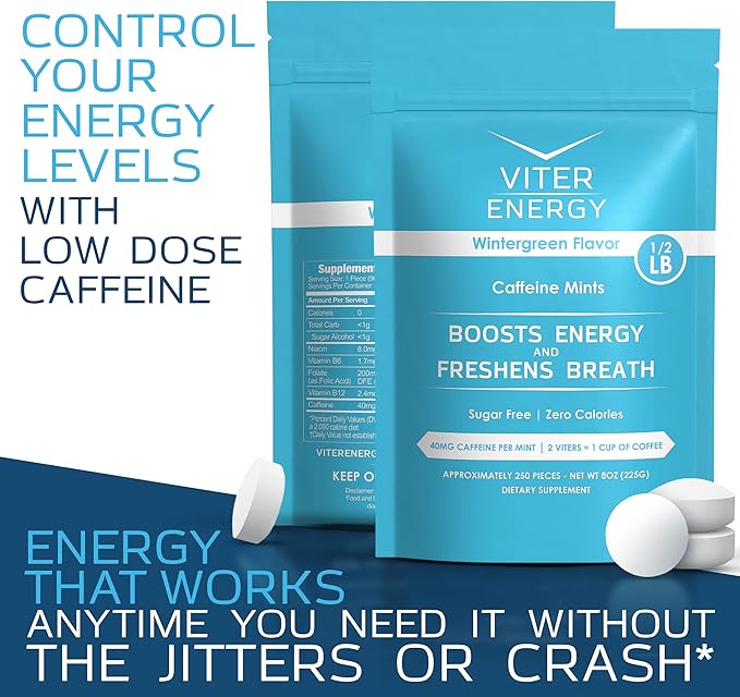 Viter Energy Caffeinated Mints 40mg Caffeine, B Vitamins, Sugar Free. (Wintergreen, 8oz, Bulk Bag)