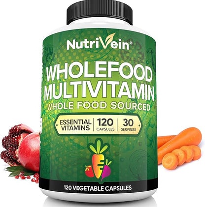 Nutrivein Whole Food Multivitamin - Complete Daily Vitamins for Men and Women from Natural Whole Foods, Real Raw Veggies, Fruits, Vitamin E, A, B Complex - 30 Day Supply (120 Capsules, Four Daily)