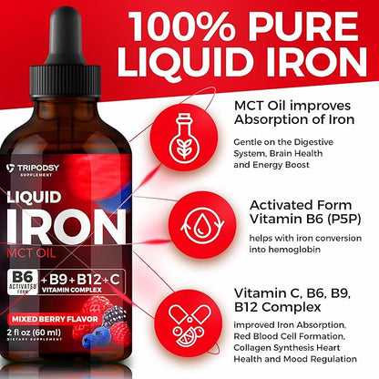 Iron Supplement for Women and Men - Iron Drops with B6, B9, B12, Vitamin C, Iron Vitamin for Anemia, Blood Builder, Folate for Red Blood Cell and Immune Support, MCT Oil (2 Fl Oz, Mixed Berry)