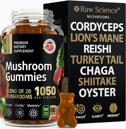 Mushrooms Complex Gummies with Lions Mane, Nootropic Brain Supplements for Memory and Focus: Lion's Mane, Cordyceps, Shiitake, Turkey Tail, Reishi, Chaga, Enoki, Oyster Mushroom Supplement - 60 Units