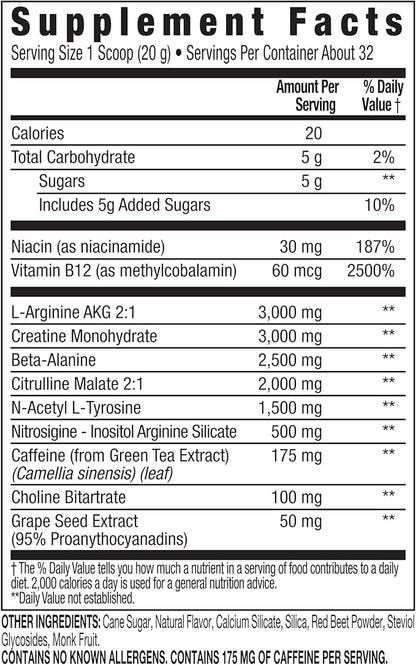 Performance Inspired Nutrition PreWorkout Powder - All Natural - G-Free & Vegan Formula - Contains Citrulline - Nitrosigine - Green Tea - Arginine - Beta Alanine - Tropical Fruit Punch - 32 Servings